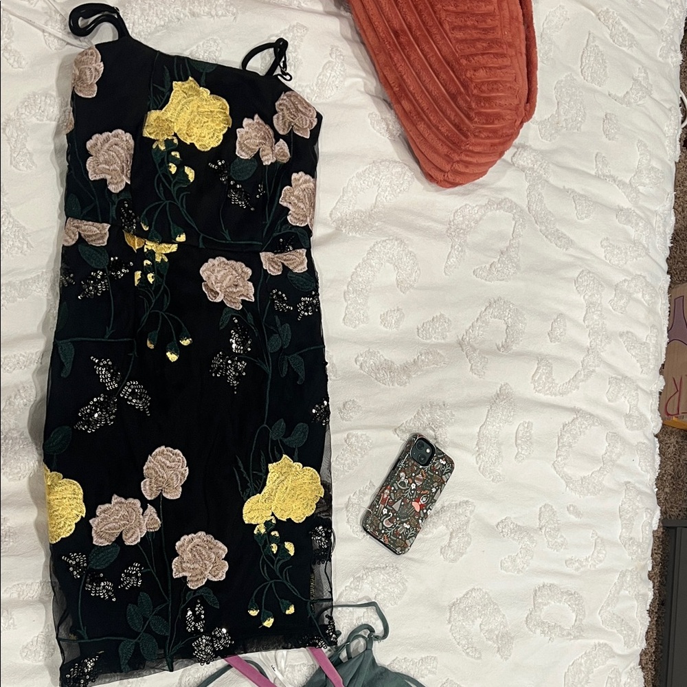 Lulu's Black Dress with Yellow and Pink Floral Embroidery